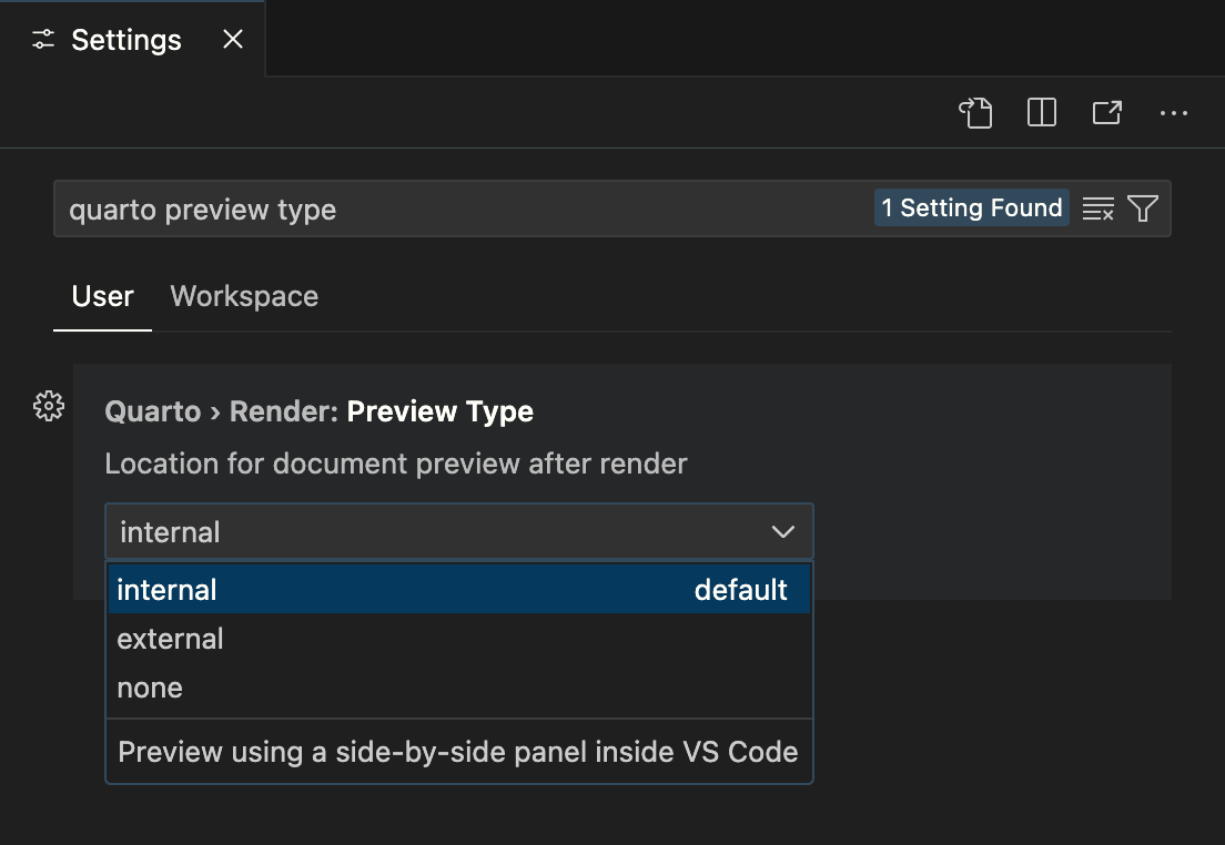 VS settings interface with 'quarto preview type' entered into the search bar. User settings reveals Quarto > Render: Preview Type, with a dropdown to select location for document preview after render. The default, internal, is selected, which previews using a side-by-side panel in VS. The other two options in the dropdown are external and none.